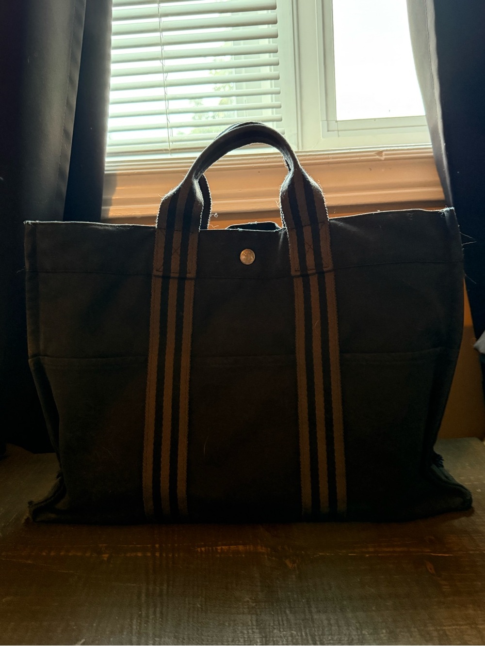 Hermes Deep Navy Vintage MM Canvas Tote with Grey Striped Handles
